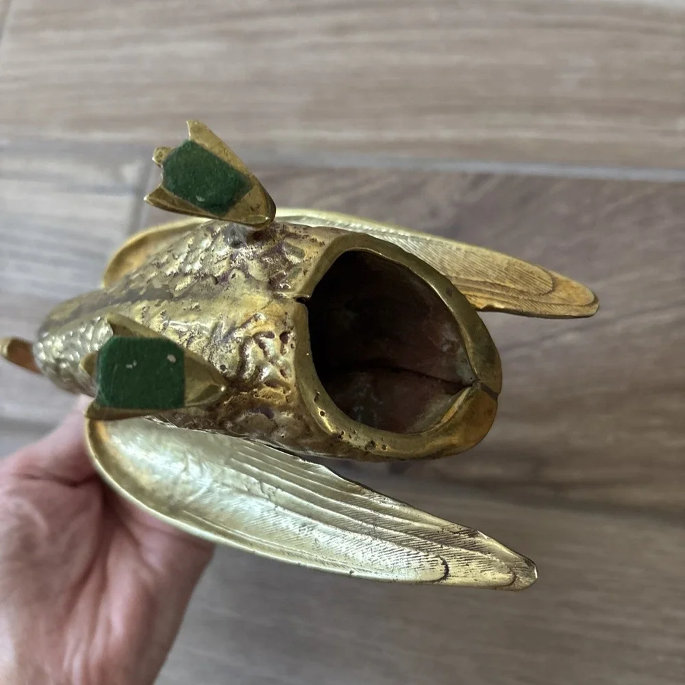 Vintage Brass Duck Figurine Wings Open 9